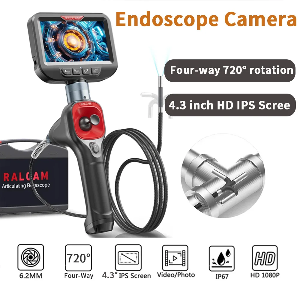 Ralcam 6.2mm Lens 4-Way Rotary 720° Industrial Piping Endoscope Camera Borescope Inspection with 4.3'' IPS Screen HD 1080P