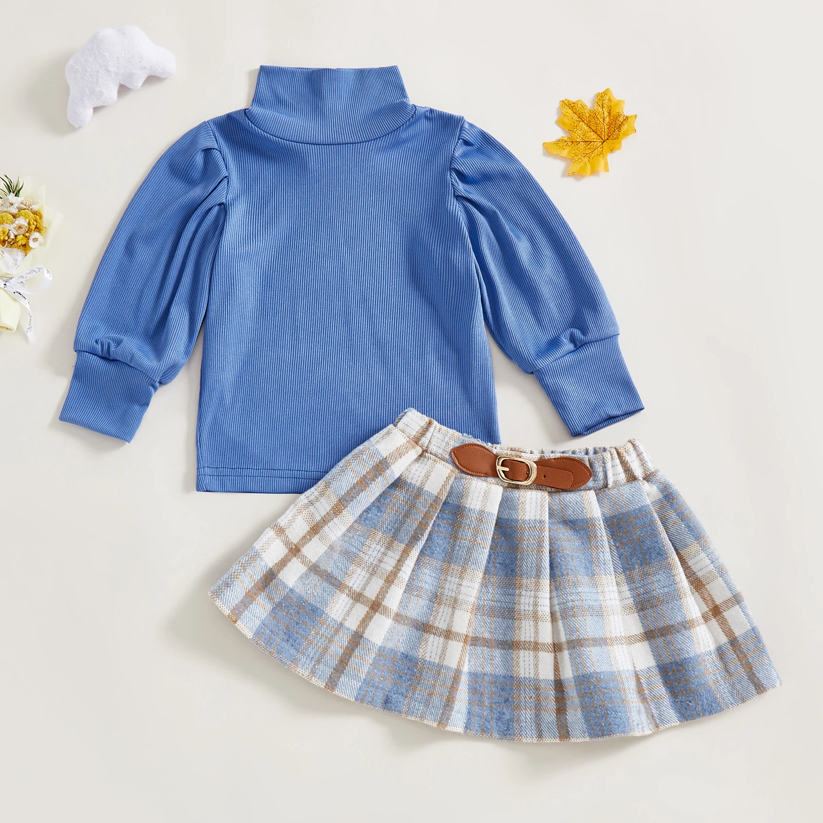 أطقم ملابس خريفية عصرية للفتيات الصغيرات من FOCUSNORM 0-4Y قطع علوية بأكمام طويلة ورقبة سلحفاة متينة وتنانير منقوشة على شكل حرف a #5