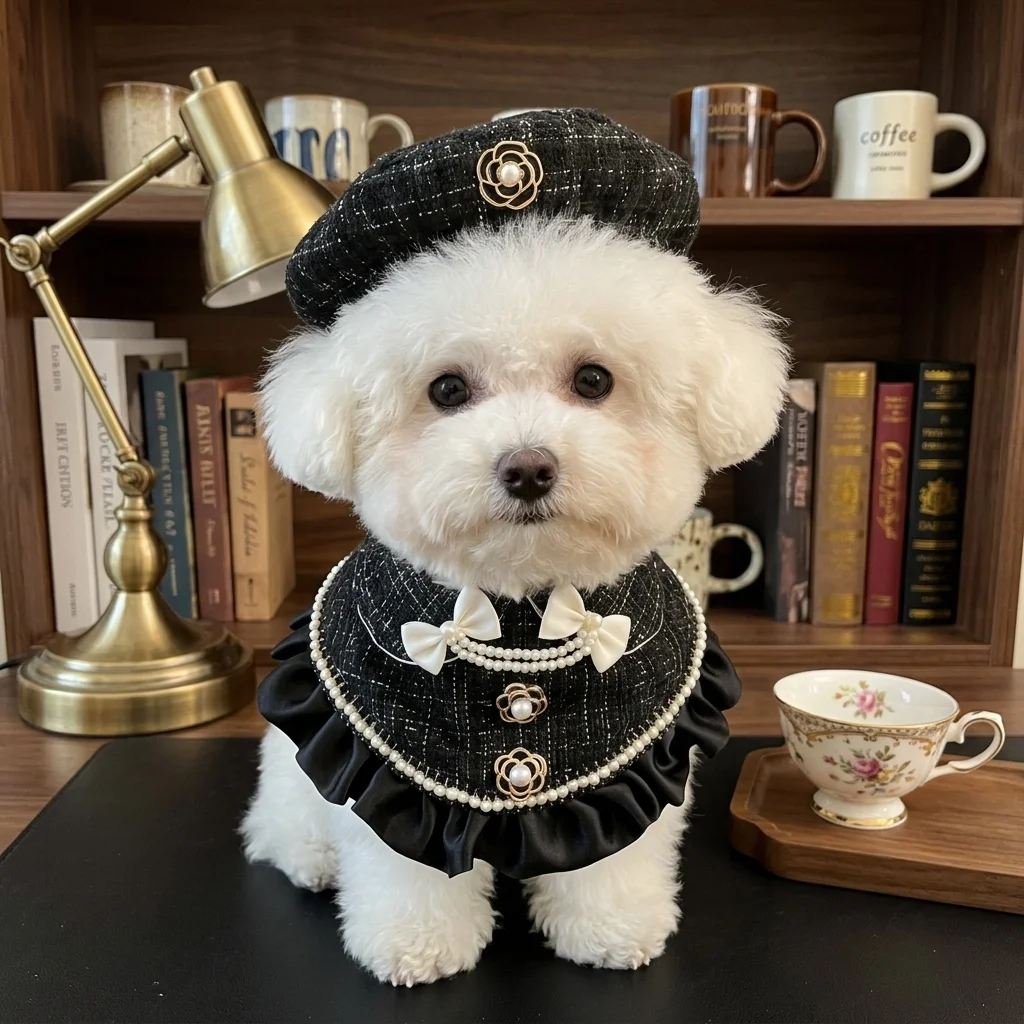 Pet Beret Hat and Collar Set for Cats and Small Dogs Plaid Ruffle Bib with Bow Lovely Costume for Parties Gifts and Photo Shoots