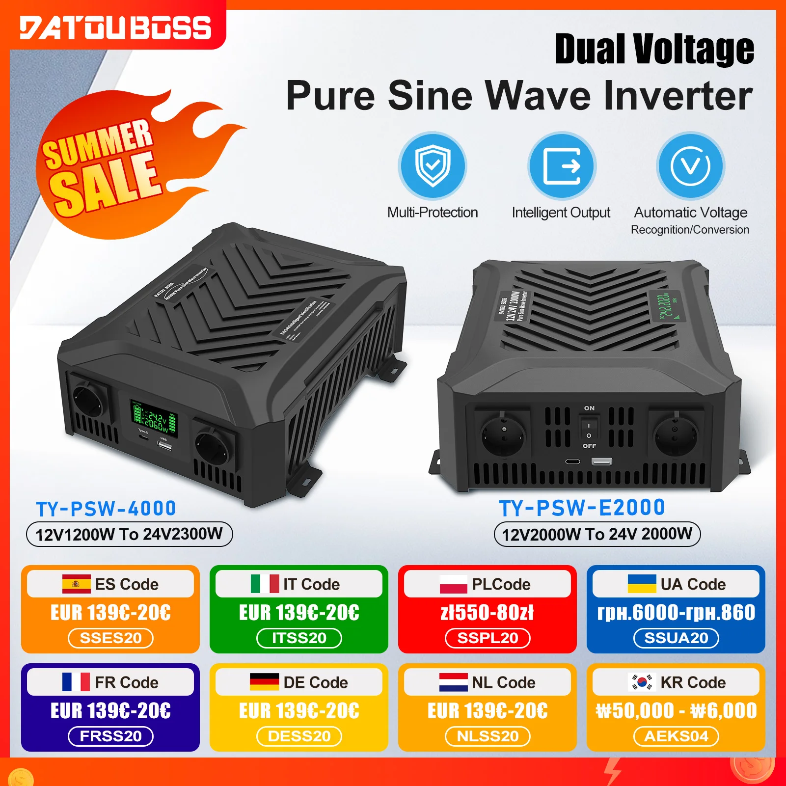 DATOUBOSS Portable Car Inverter 1200W 2000W 3000W Pure Sine Wave Dual Voltage Inverter 12V to 24V Auto Switching Solar Inverter