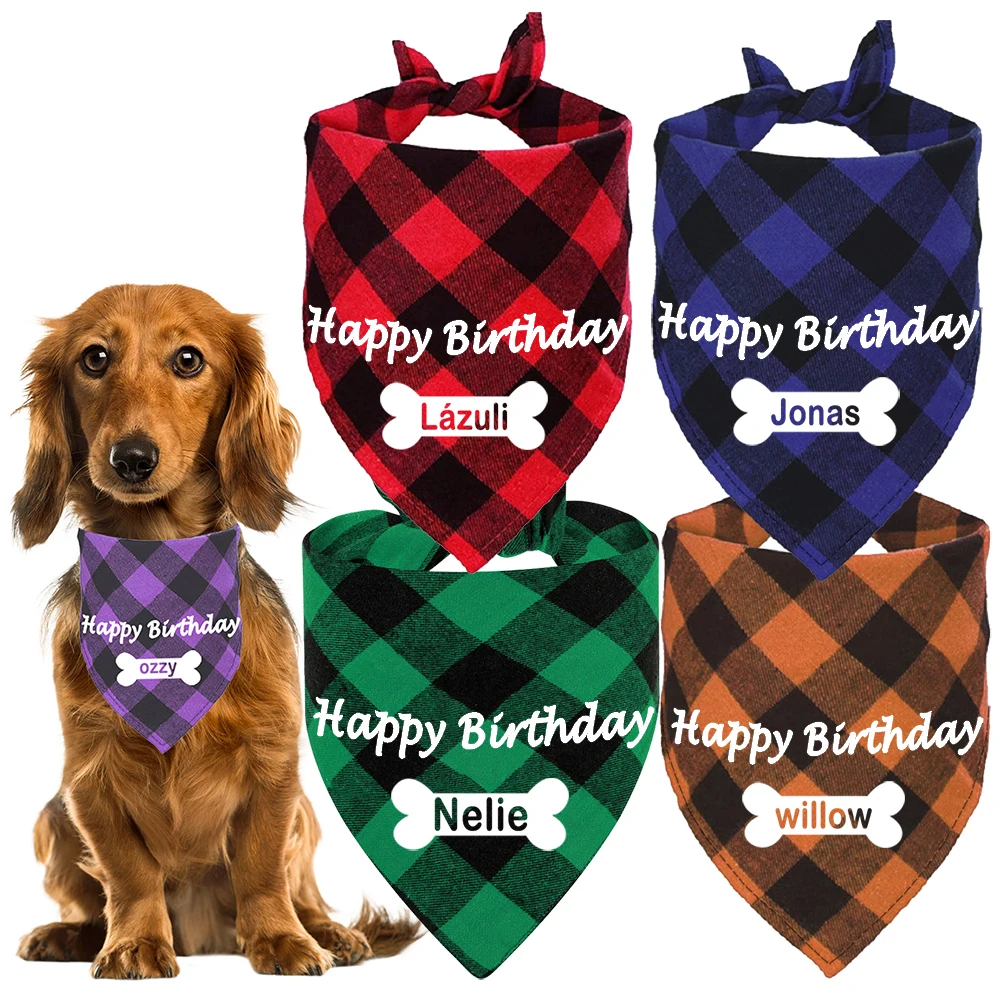 Custom Dog Bandana Happy Birthday Personalized Name Scarf Dog Cat Plaid Triangular Bib Scarf Collar Pet Items Accessories