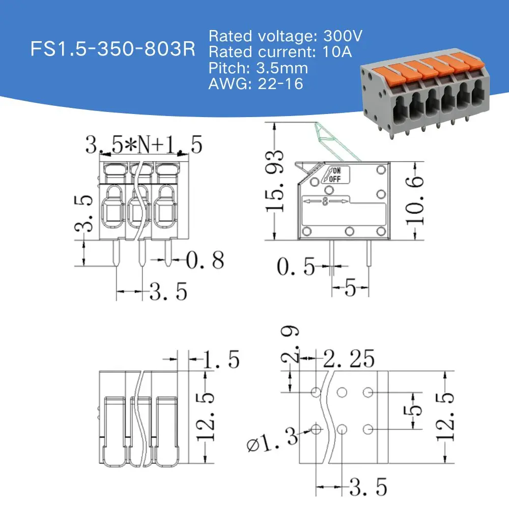 100PIN 3.5mm Push‑Lever Quick Connector 803R-3.5 300V 10A 22-16AWG Spliceable Driver Power Terminal Block Pin Header