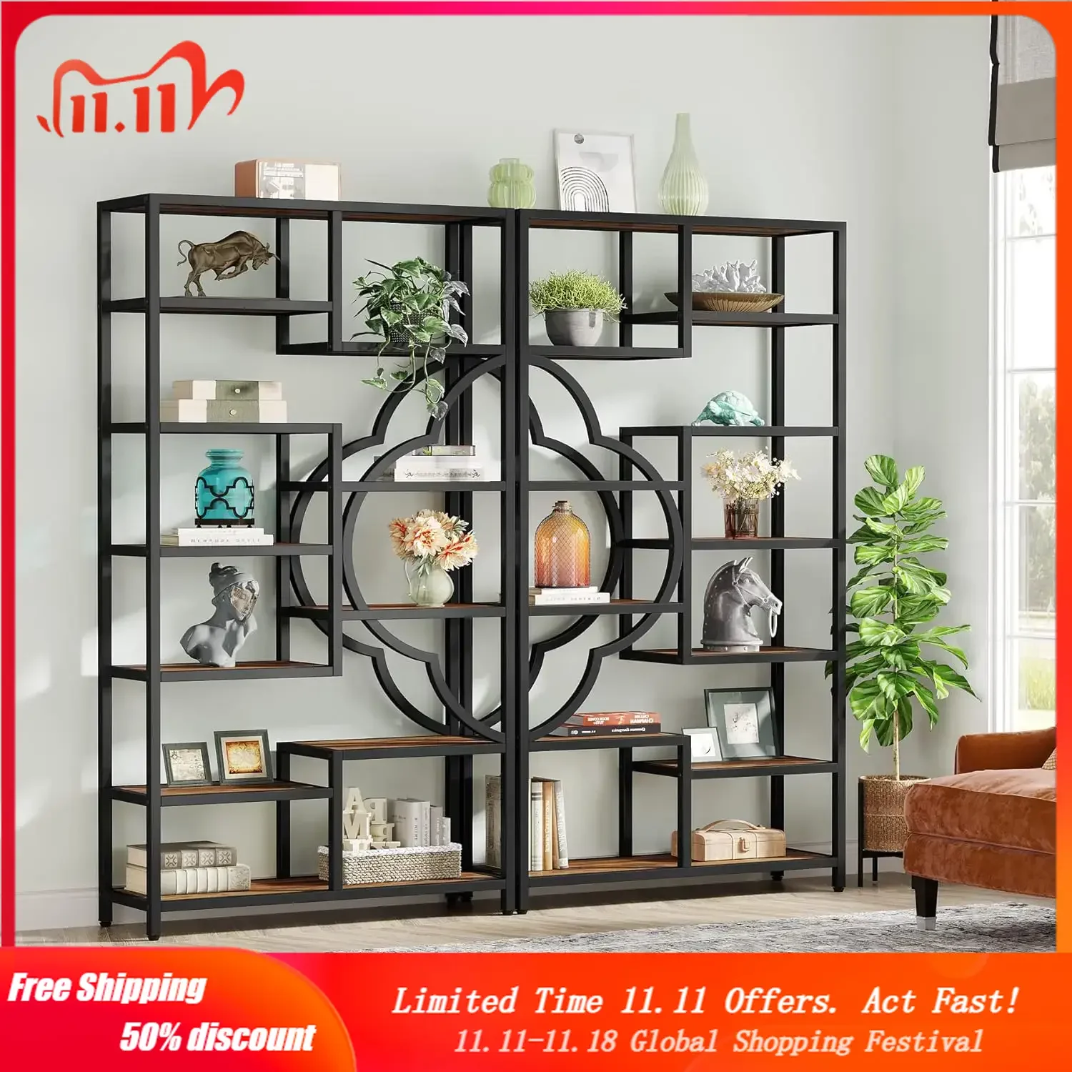 Bookshelf Set of 2, Large Bookcase with Unique Four Leaf Clover Shape Design, Industrial Etagere Display Shelves