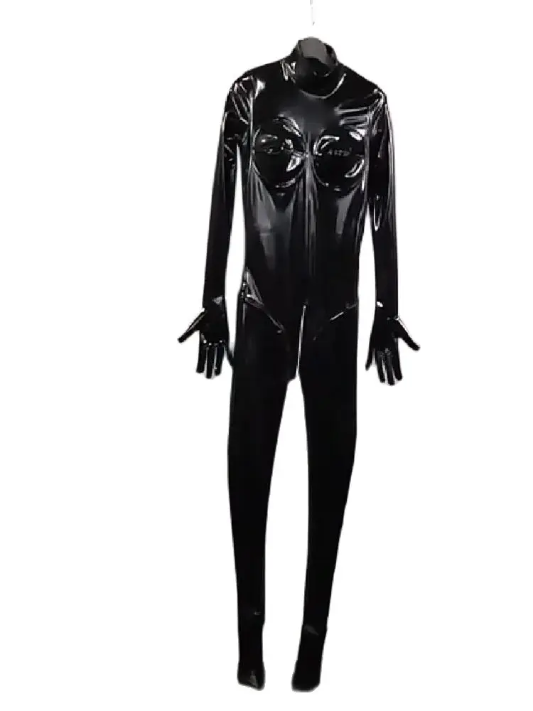 

Women PU Faux Leather Bodysuit Stereoscopic Splicing Bust Cosplay All Inclusive Onesie Sexy Back Long U-Zip Open Crotch Jumpsuit
