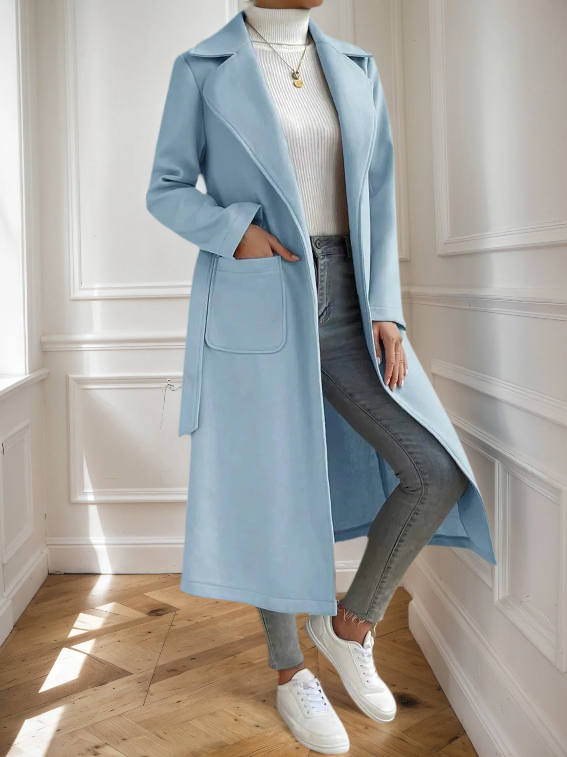 أزياء المرأة طويلة الأكمام الخريف الشتاء معطف طويل سترة واقية الخصر محكم سليم صالح السيدات ملابس خارجية