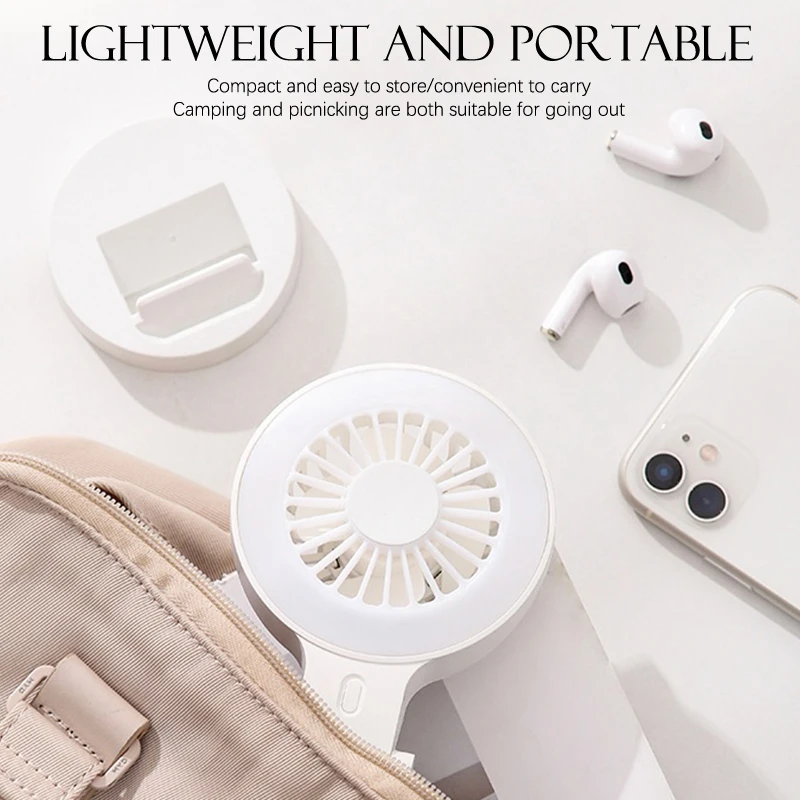 مروحة بمشبك صغير محمول مع مرفق شحن USB وإضاءة تعبئة سيلفي - رائعة للتخييم والمشي لمسافات طويلة