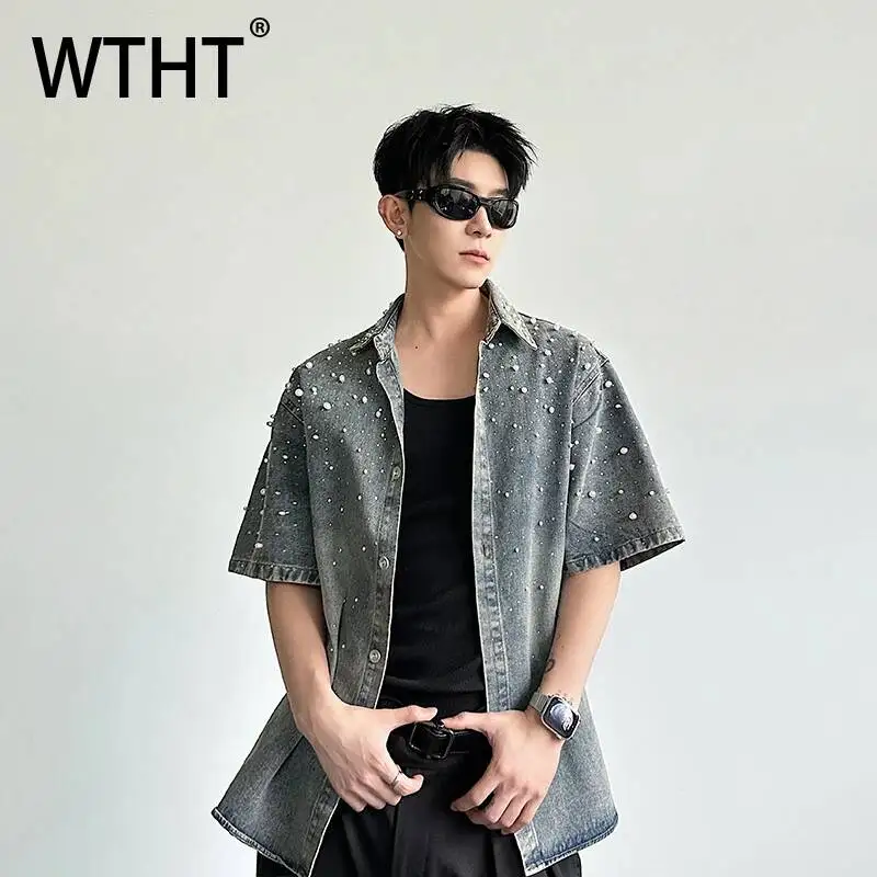 WTHT Vintage Men's Heavy Industy Spliced Metal Rivets Denim Coats Fashion Short Sleeves Lapel T-shirts Male 2026 Summer 2A3085