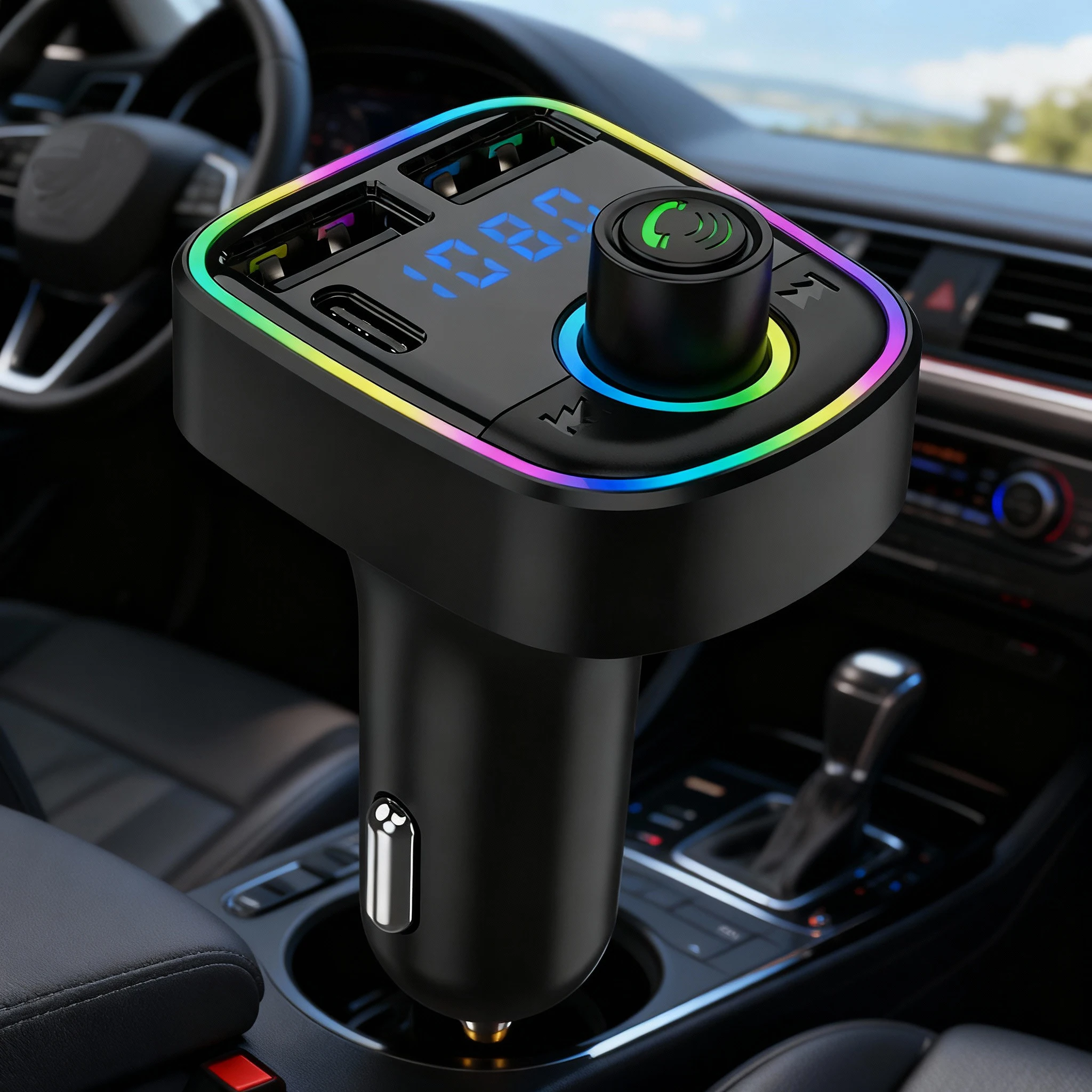Car Charger Bluetooth 5.0 FM Transmitter PD Type-C Dual USB Ambient Player MP3 Charger Type-C Wireless Light Handsfree ﻿