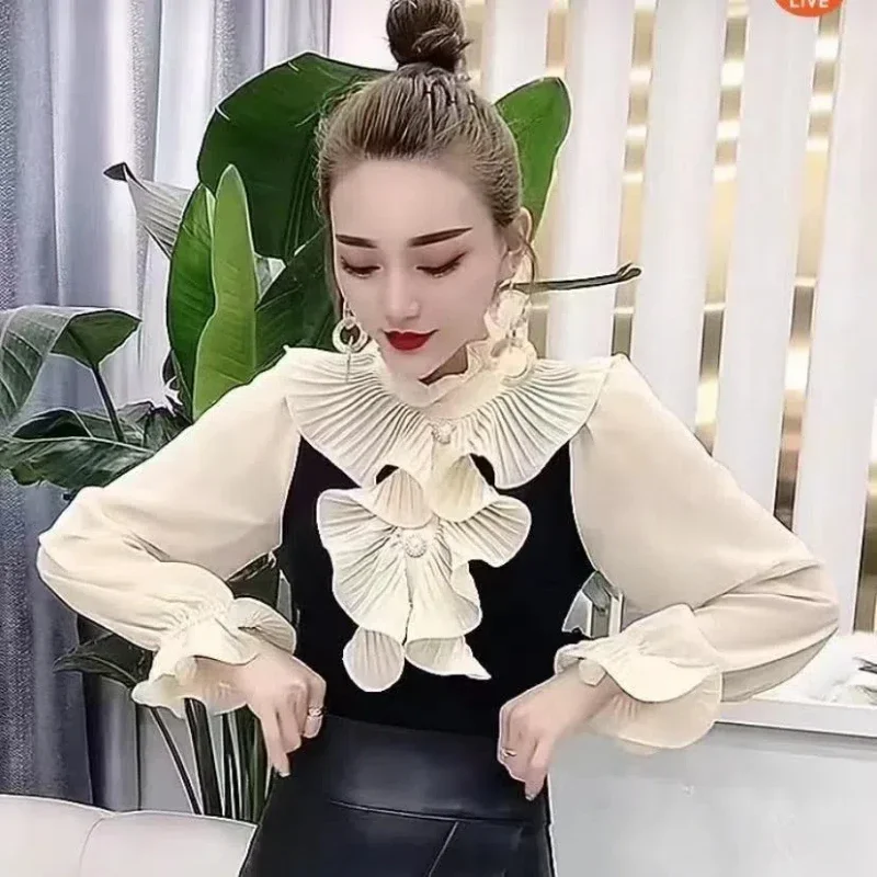 Odzież damska Ruffles Patchwork Elegancka koszula Topy Wiosna Jesień Kontrastowa bluzka biurowa z długim rękawem Moda Vintage ZT253