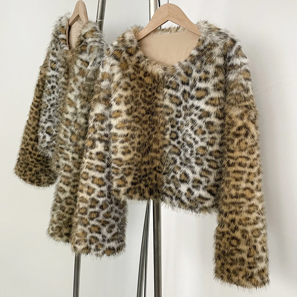 Bontjas Milieuvriendelijke Luipaard O-hals Nepbont Jas Herfst Winter Vrouwen Korte Jas Kunstmatige Dikke Warme Nep Bontjas Vrouwelijke