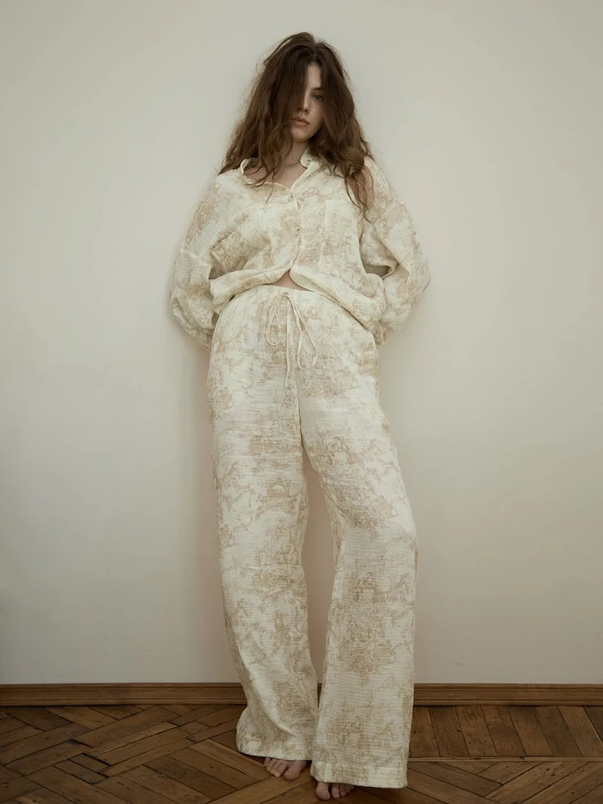 

Marthaqiqi Winter Female Nightgowns Suit V-Neck Sleepwear Long Sleeve Nightwear Pants Printing Women Pajamas 2 Piece Sets Casual