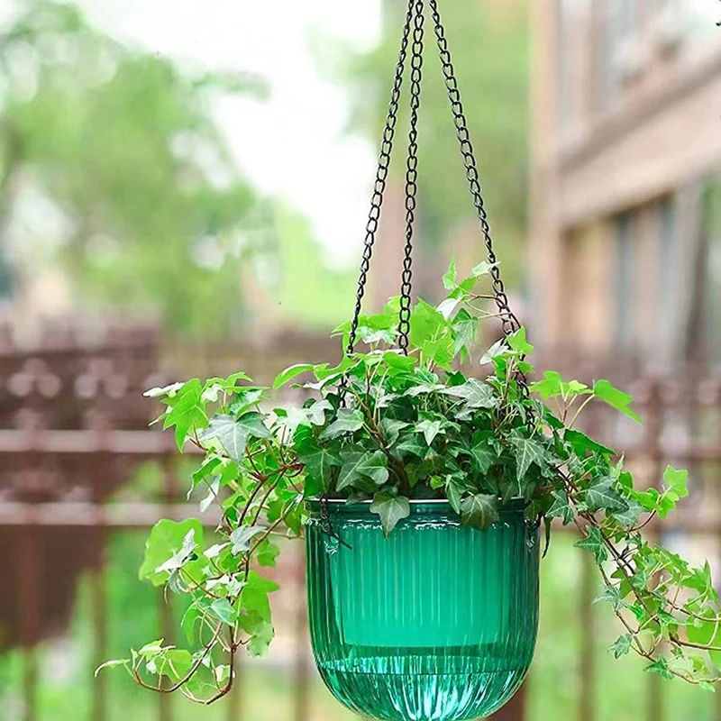 4 Pack Self Watering Planters Indoor Hanging Flower Pots, 6.5 Inch Outdoor Hanging Plant Pot Basket (Emerald)