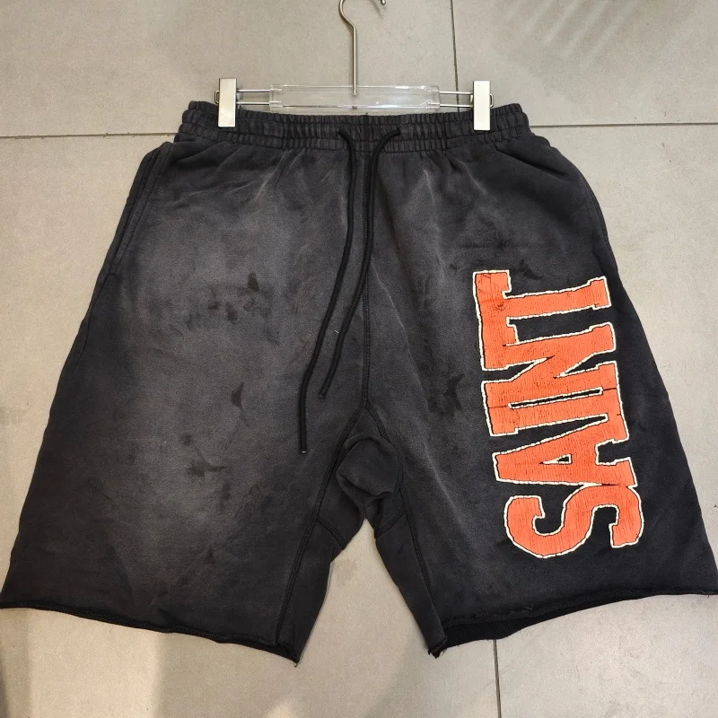 Saint Mxx  Print Shorts Men Vintage Washed Distressed Streetwear Sweatpants