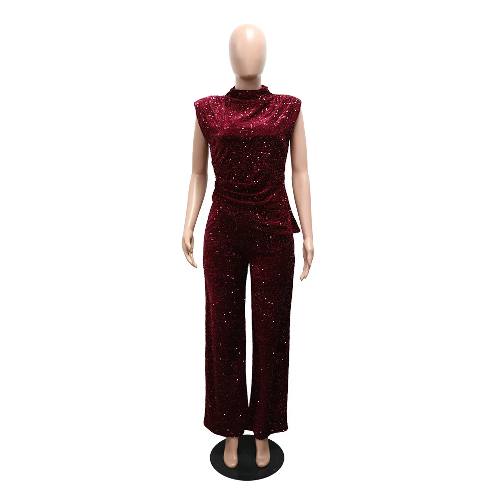 Sexy Sequin Patchwork Two Piece Outfits Woman Flutter Sleeve Crop Top and Pants Matching Female Streetwear New
