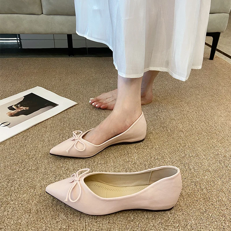 

French Nude Pointed Toe Flats Women Bowknot Versatile Casual Evening Shoes New Arrival