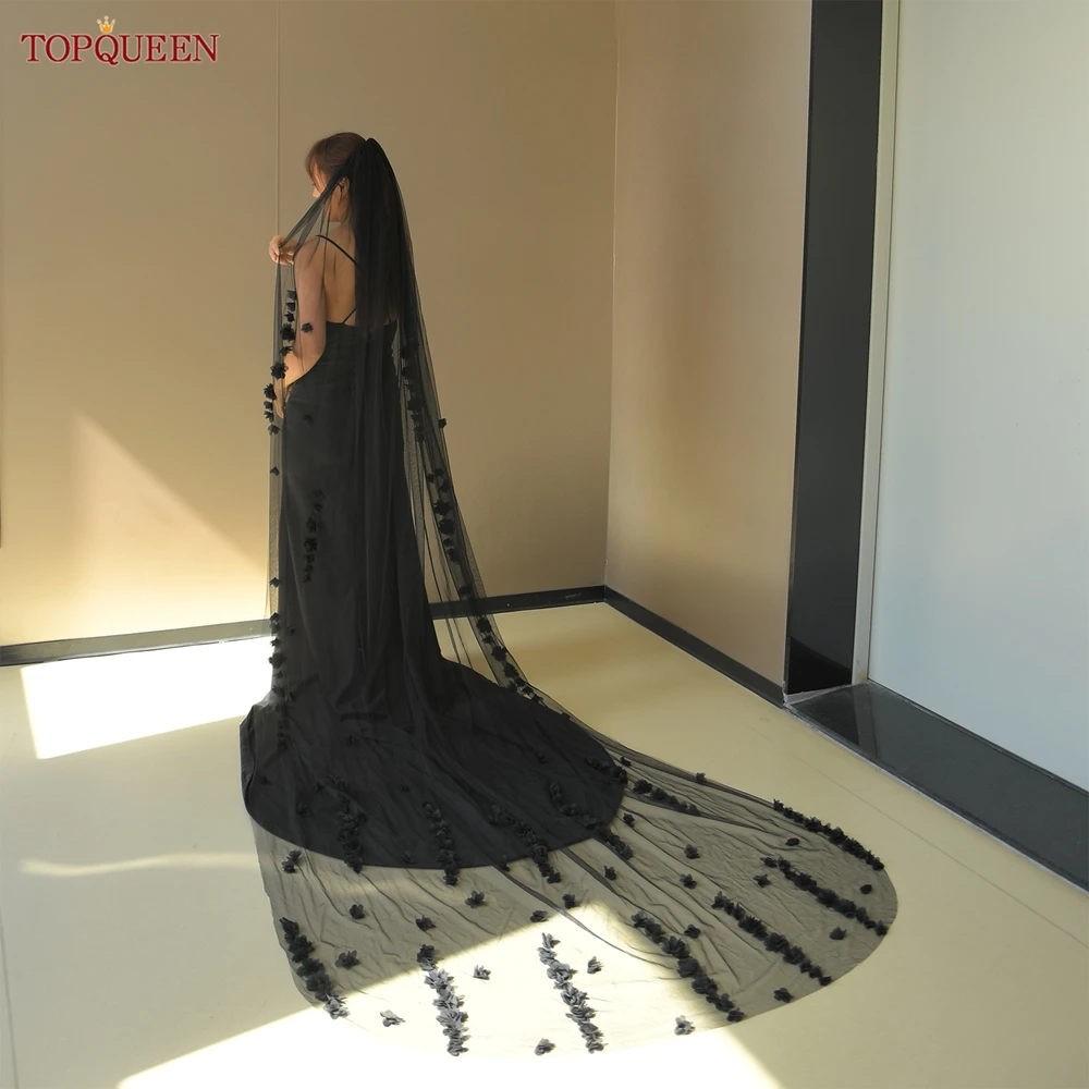 TOPQUEEN Black Cathedral 3D Flowers Wedding Veil Long Bridal Veils 2024 Style Cascading 3D Organza Flower Bridal Tulle V251