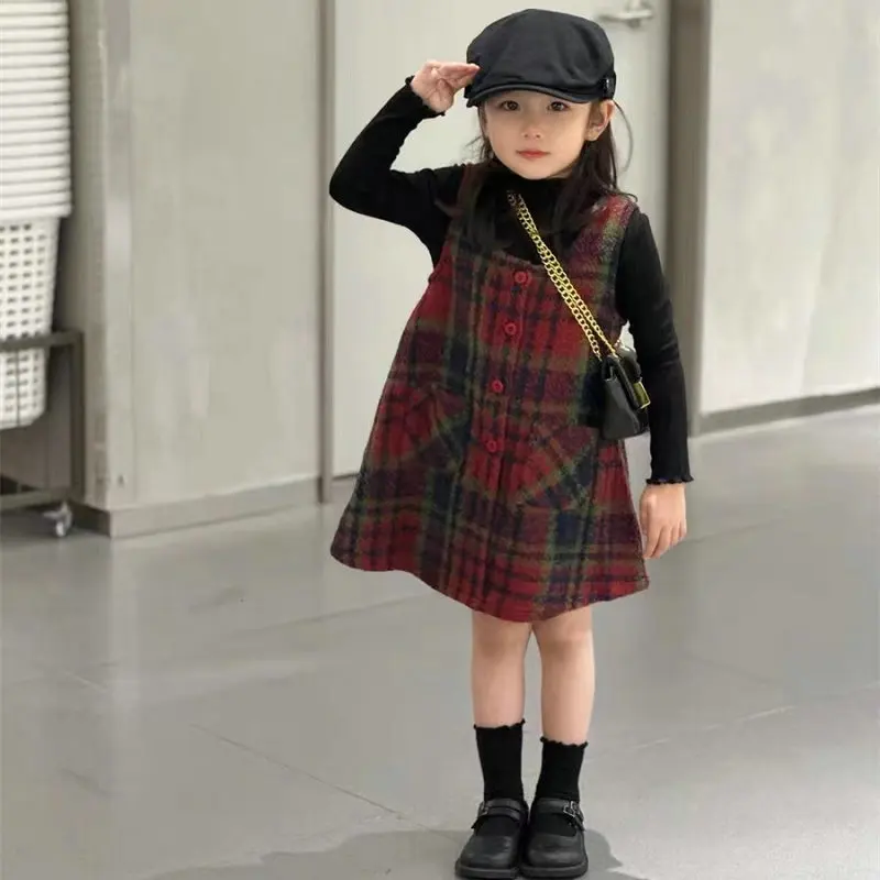 Girls' Suit British Plaid Woolen Vest Skirt Plus Stand-up Collar Bottoming Shirt 2024 Autumn and Winter New Children's Clothing