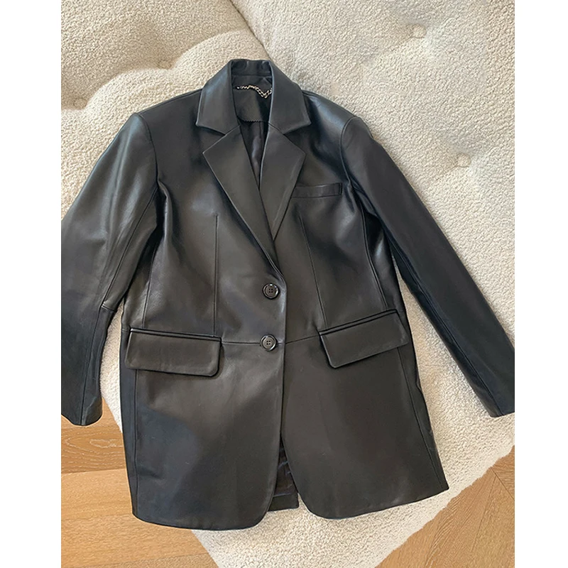 Julypalette 2023 Mantel Jaket Blazer Kulit Asli Baru Musim Semi Mode Dua Tombol Hitam Longgar Pakaian Luar Kulit Domba Wanita