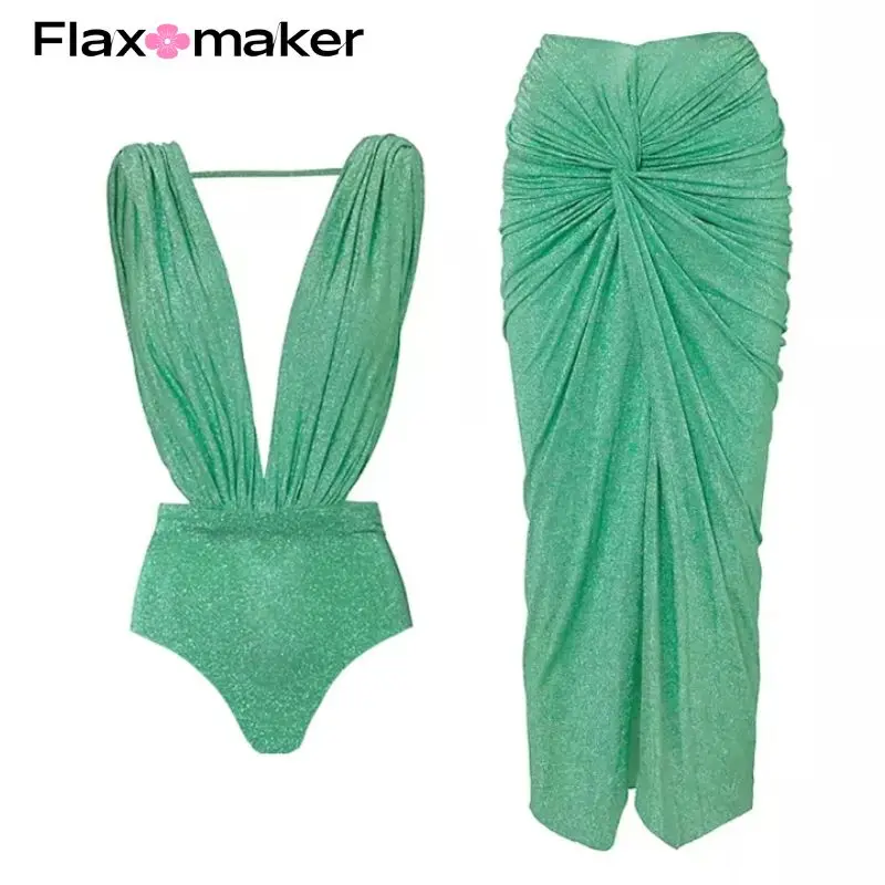 

FLAXMAKER Halter One piece Swimsuit set Shiny Texture Pleated Women Swimwear Beachwear bathingsuit