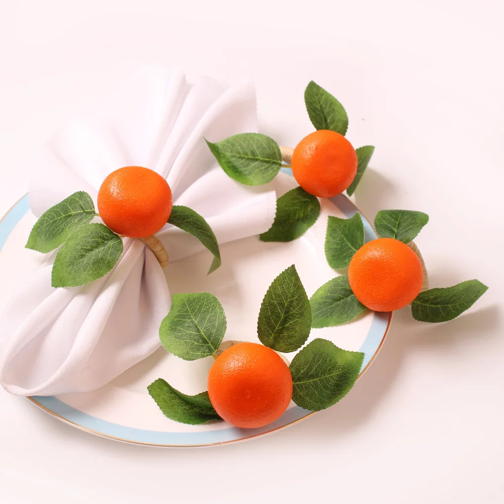 6pcs/Lot Dinning Table Napkin Rings Orange Lemon Buckle Napkin Holders Set of 6 Party Decorative Artificial Fruit Vine Leaf Ring