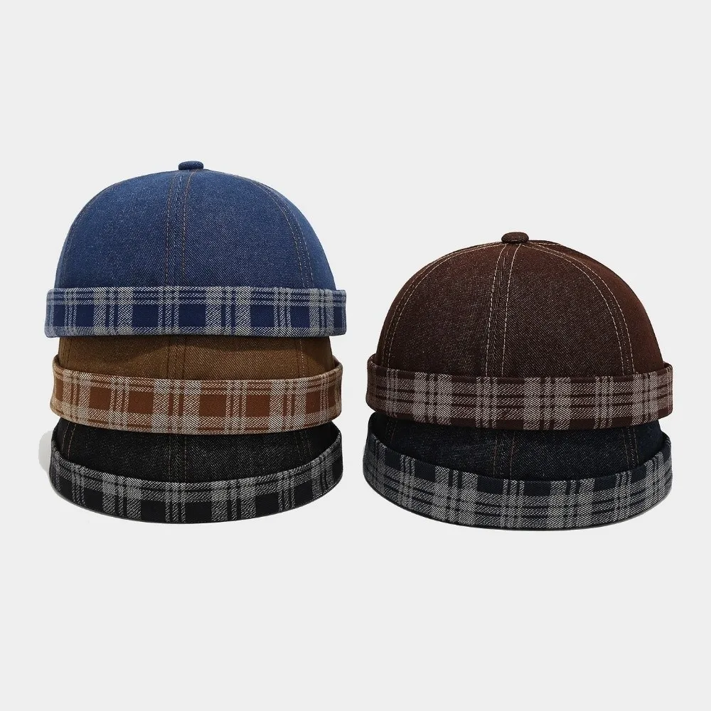 Denim Material Denim Docker Cap Plaid Pattern Adjustable Design Brimless Sailor Hat Unisex Size Retro Style Hip Hop Beanie
