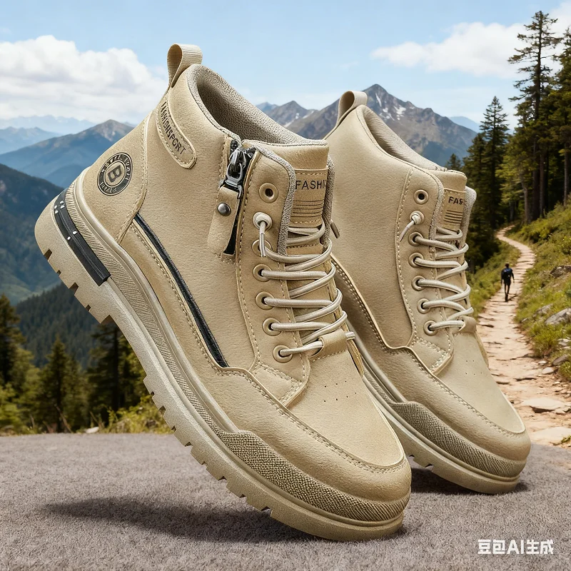 

Men's 3-Color High-Top Tactical Boots - Khaki/Black/Gray, All-Season Casual Hiking & Commute Shoes