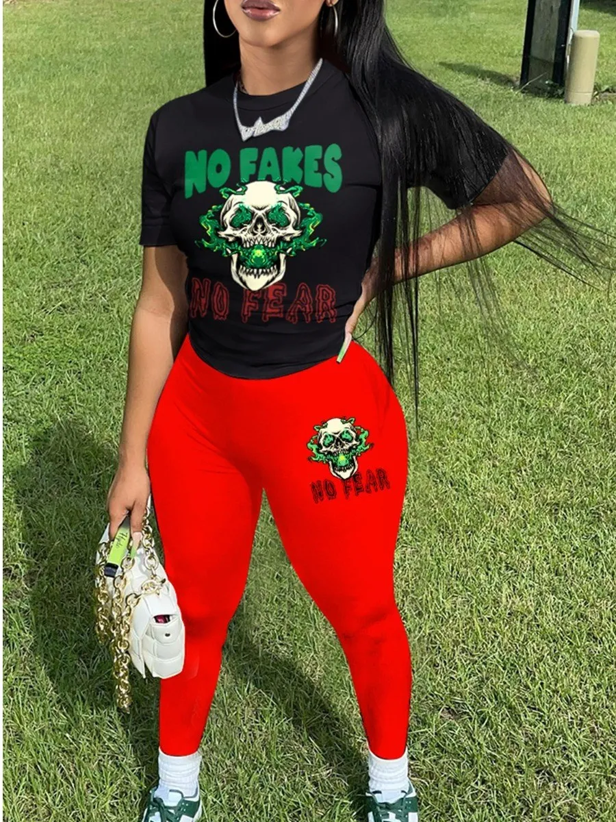 LW Multicolor Matching Suits Skull Head No Fakes Letter Print Pants Set Crew Neck Short Sleeve Black T-shirt&Stretchy Red Pants