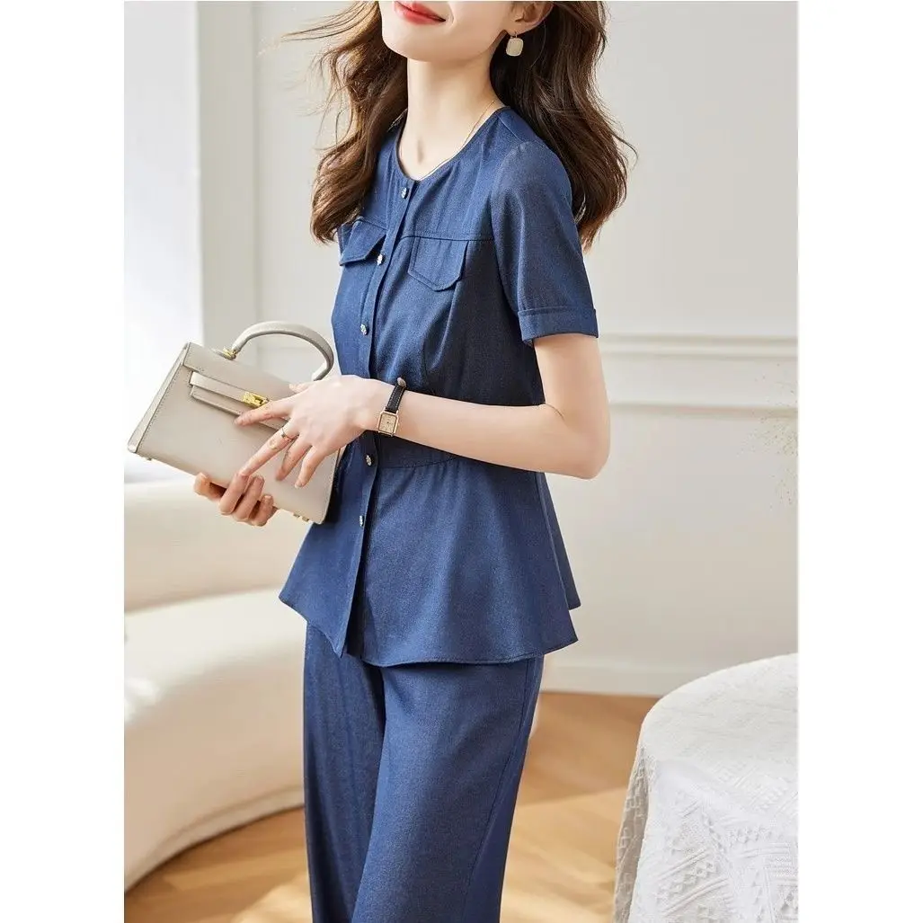 Summer New Temperament Jeans Sets Women Fashion Short Sleeve Cardigan Denim Shirts + Straight Pants 2-piece Suit Women Outfits