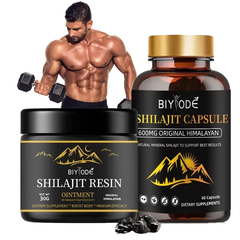 

Organic Shilajit Resin & Shilajit Capsules 50% Fulvic Acid for Energy Supplement Muscle Gain & Build Men & Women 60 Capsules+30g