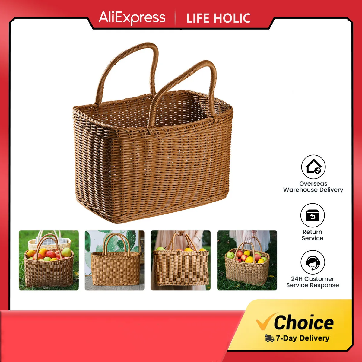 

Basket Woven Wicker Storage Baskets Bag Picnic Rattan Flower Beach With Handle Straw Market Fruit Tote For Gift Hand Shopping