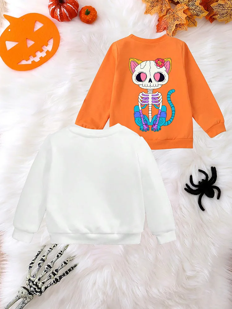 2Pcs Halloween Kids Casual Tops Sweatshirts Round Neck Long Sleeves Cartoon Pullovers Loose Children's Clothes For Spring Autumn