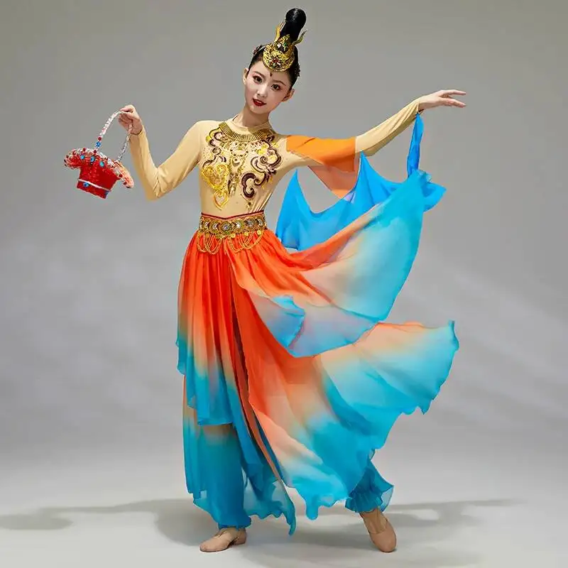 Dunhuang Flying Apsaras Costume Gradient Chiffon Long Dress Chinese Classical Dance Stage Performance Outfit