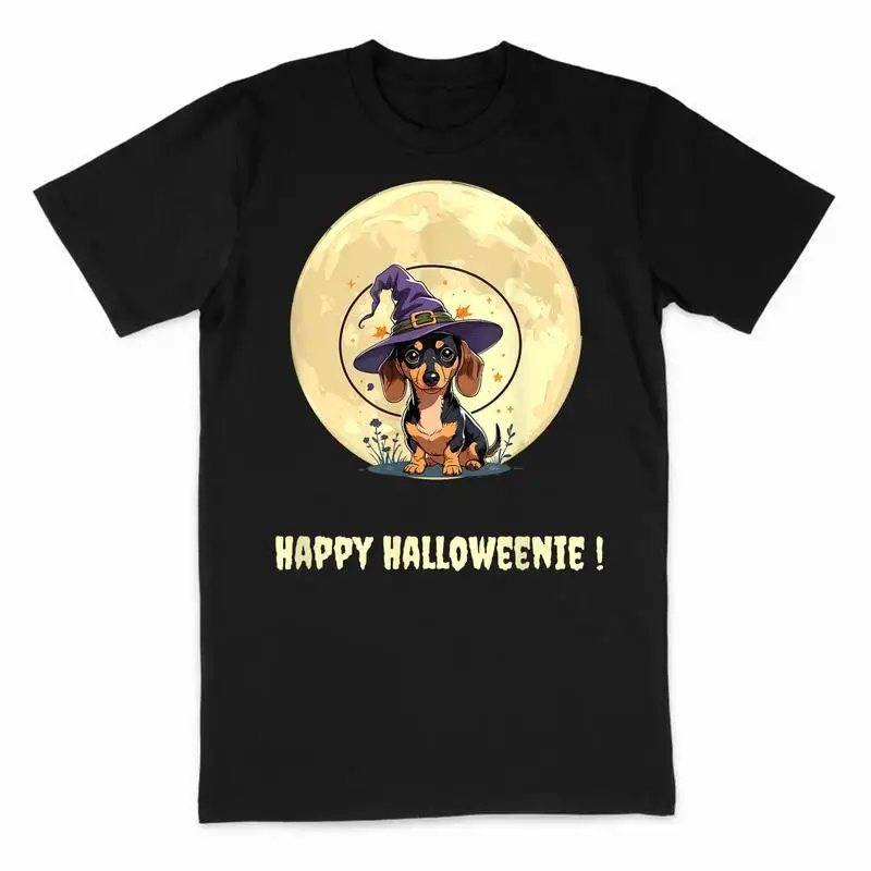 

Happy Halloweenie Dachshund T-Shirt, Witch Dog Tee, Funny Wiener Dog Lover Gift for Halloween Party, Men & Women
