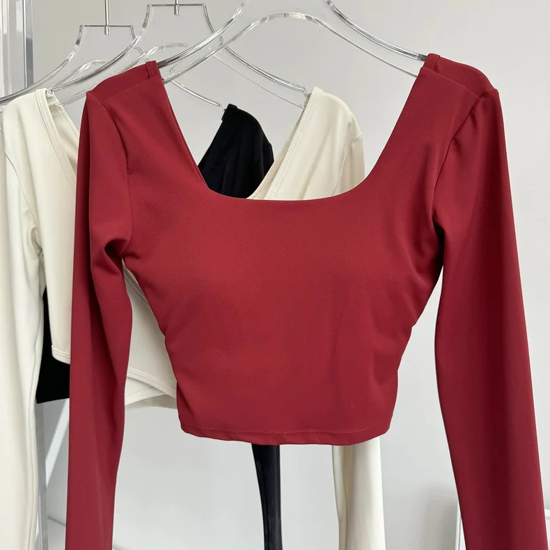 Feste Brustpolster, überkreuzter Rücken, Yoga-Kleidung, eng anliegend, schlankmachend, Sport-Langarm-Laufshirt, Fitness-Oberteil, Shirts – Detail 18