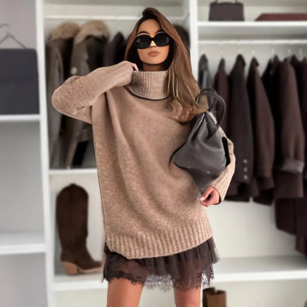 เสื้อสเวตเตอร์ผู้หญิง เสื้อไหมพรมคอสูง แต่งขอบลายนูน เสื้อถักทรงหลวม แขนยาว สำหรับฤดูใบไม้ร่วง