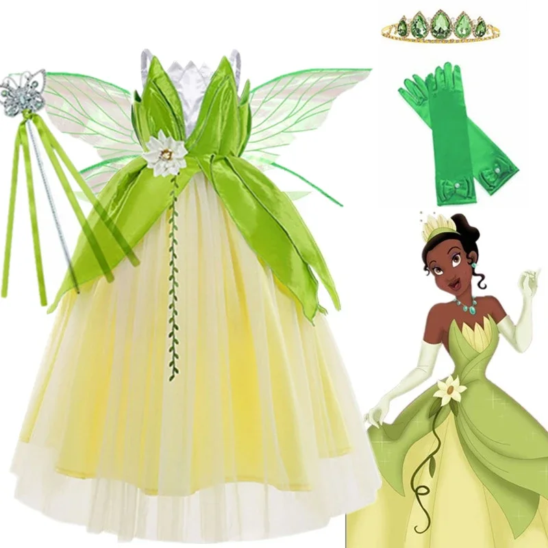 Halloween Children Tiana Cosplay Costume Girls Party Green Gowns Flower Princess Dresses Fancy Forest Fairy Elf Dress Up