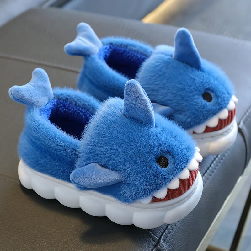 

Children Cotton Shoes Cute Shark 2025 Winter New Cotton Slippers Warm Comfortable Indoor Cartoon Plush Floor Fluffy Home Slipper
