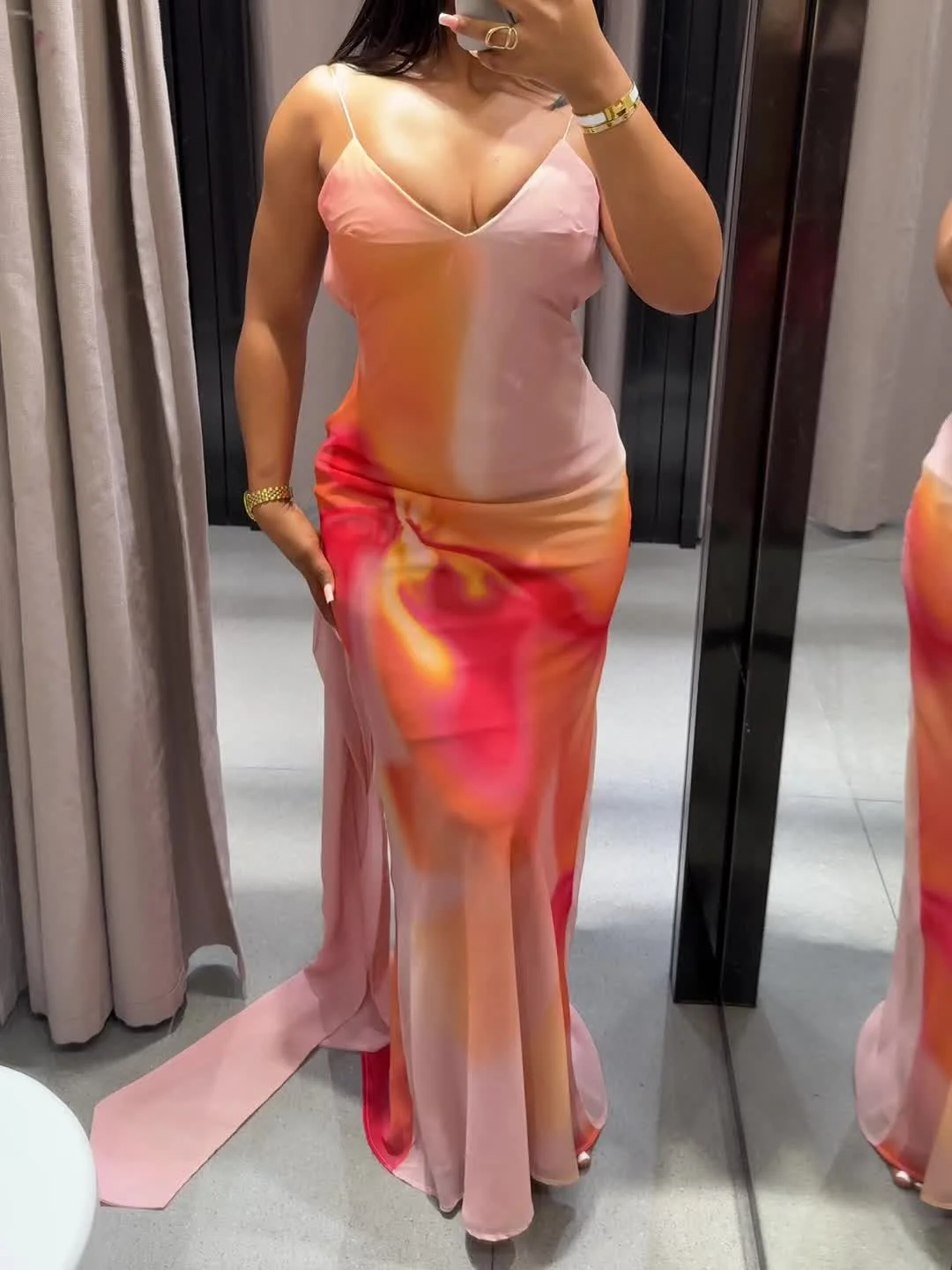 

Elegant tie-dye printed long dress with ribbon V-neck sleeveless slim-fitting suspender dress summer fashion beach holiday robe