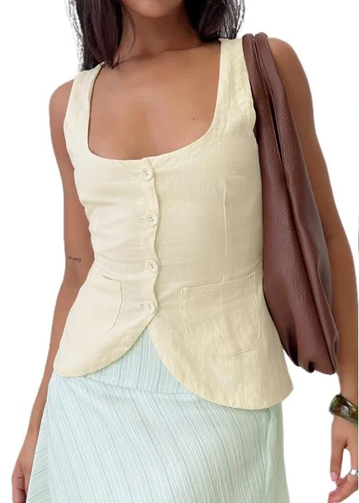 

Women's Summer U Neck Vest Sleeveless Solid Color Button Up Slimming Tank Tops with 2 Pockets