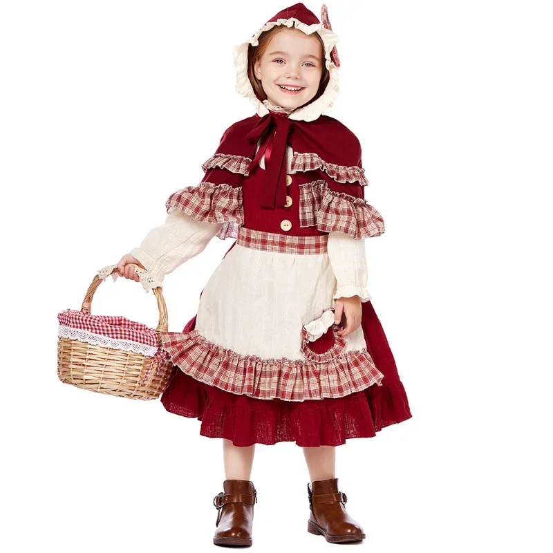 

Kids Child Vintage Victorian Prairie Girl Costume Pastoral Farm Dress Halloween Stage Fantasia Cosplay Red Gingham Trim