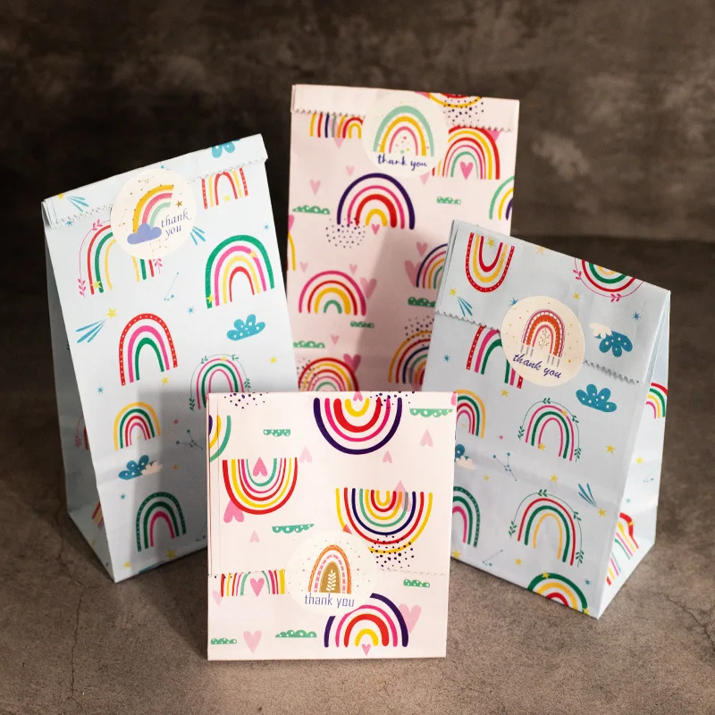 10Pcs Rainbow Paper Gift Bags DIY Baking Candy Cookies Packing Bag Stand Up Favor Bags Wedding Party Birthday Supplies