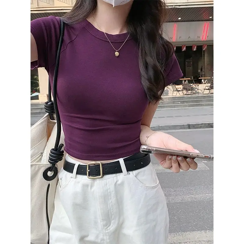 

Chic Sweet Spicy Girl Pure Desire Wind Purple Shoulder Short sleeved T-shirt Women's Summer Tight and Slimming Bottom Shirt Shor