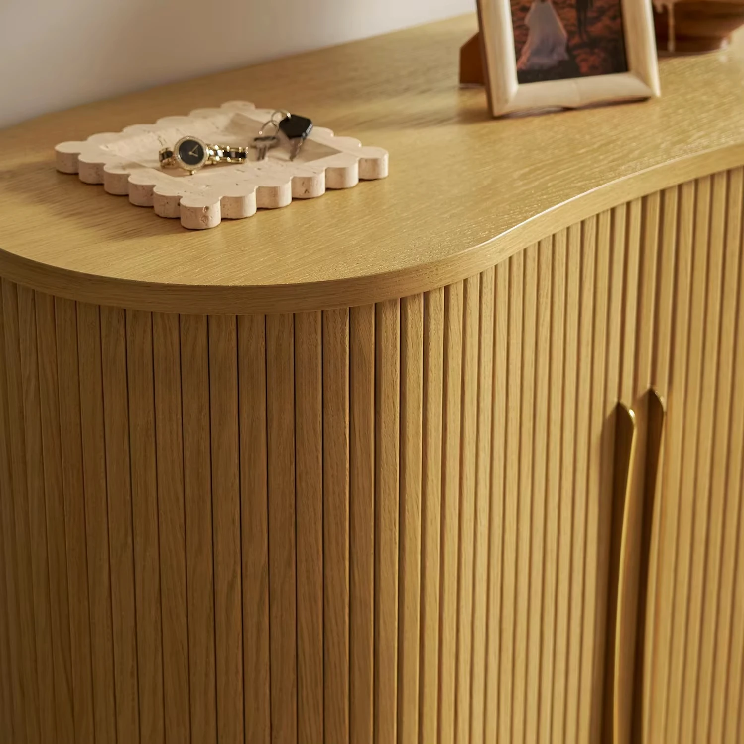 #Curved Fluted Oak Side Cabinet, Rounded Reeded Two-Door Buffet with Brass Metal Legs for Dining Room