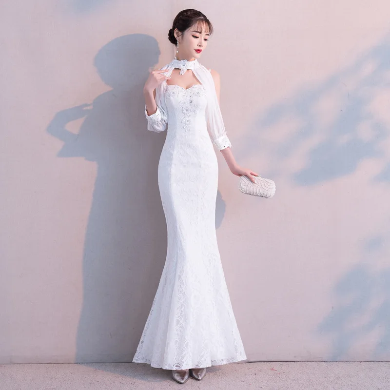 

White Chiffon Sleeve Elegant Oriental Lady Wedding Cheongsam Traditional Chinese Bride Mermaid Dress Mandarin Collar Long Qipao