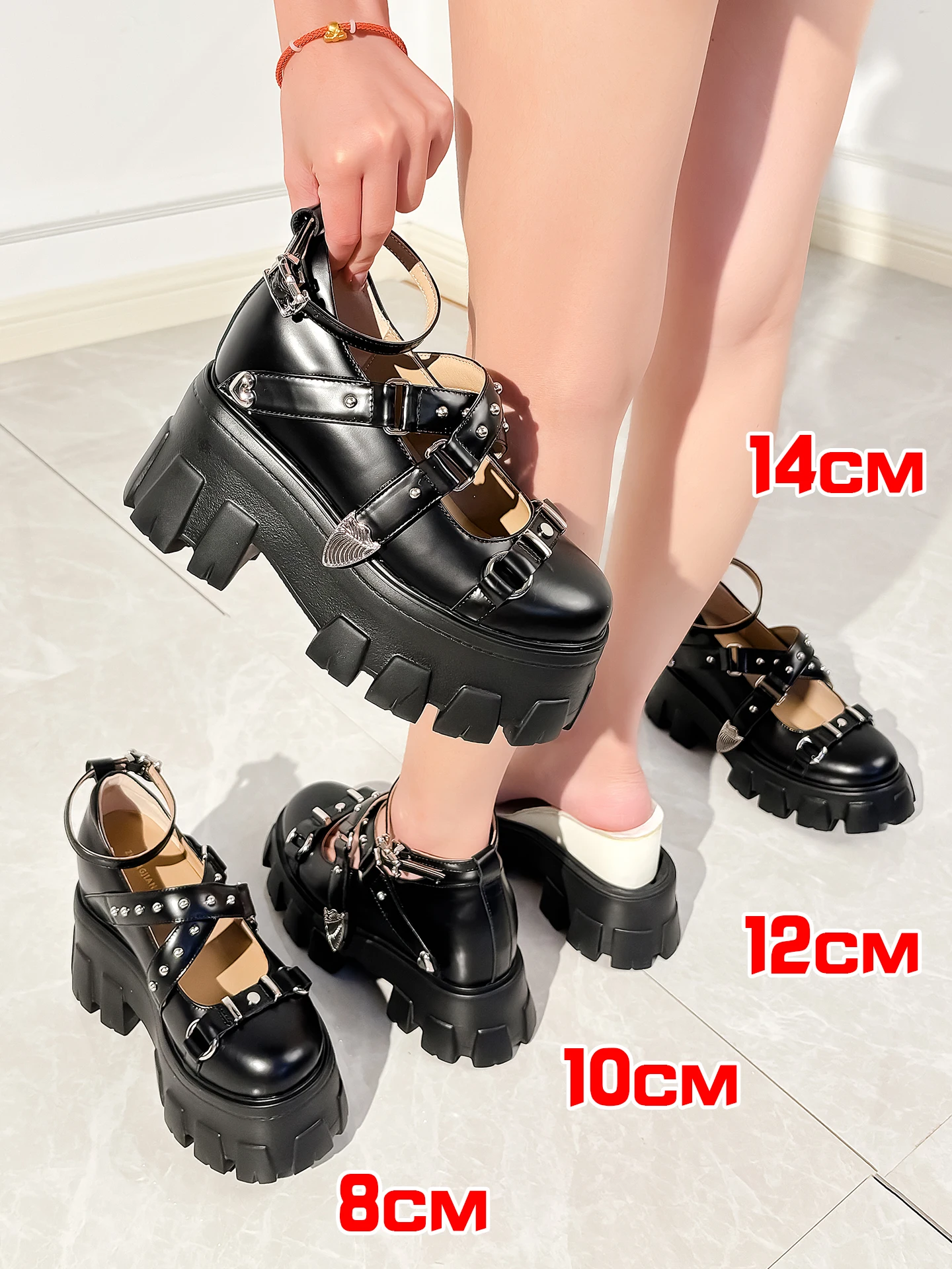 

8-14cm Increasing Shoes Real Leather Women Platform Shoes Cool Mary Jane Shoes Punk Gothic Shoes Black Female Elevator Shoes