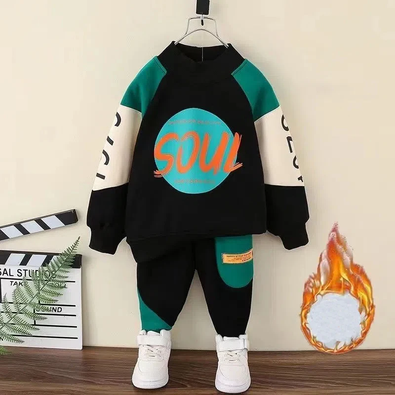 Simple Solid Cotton Sports Pants 2pc Kids Clothes Boy Suit + Fleece Winter Clothing Sets Baby Boy Children Pullover Sweatshirts