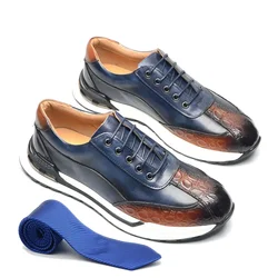 2025 Luxury Designer Original Men's Shoes Hand Painted Trendy Double Color Crocodile Print Casual Genuine Leather Man Sneakers