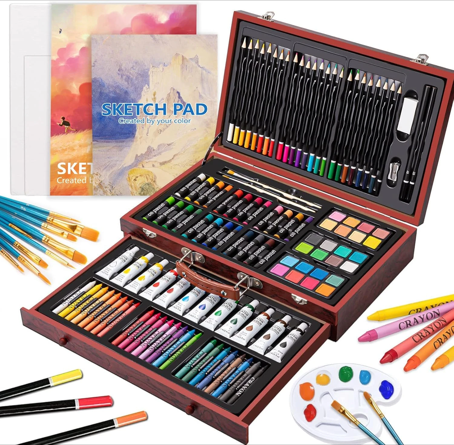 Art Supplies,Deluxe Wooden Art Set Crafts Drawing Painting Kit with12 Watercolor Paints,12 Brushes,2 Sketch Pads,2 Canvas Boards