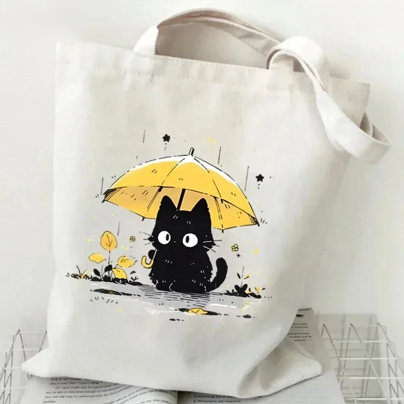 Katzen-Print Canvas-Tragetasche Niedliche Cartoon-Katzen-Muster Schultertasche für den täglichen Einkauf Tierliebhaber Enthusiasten Wiederverwendbare Einkaufstasche – Detail 7