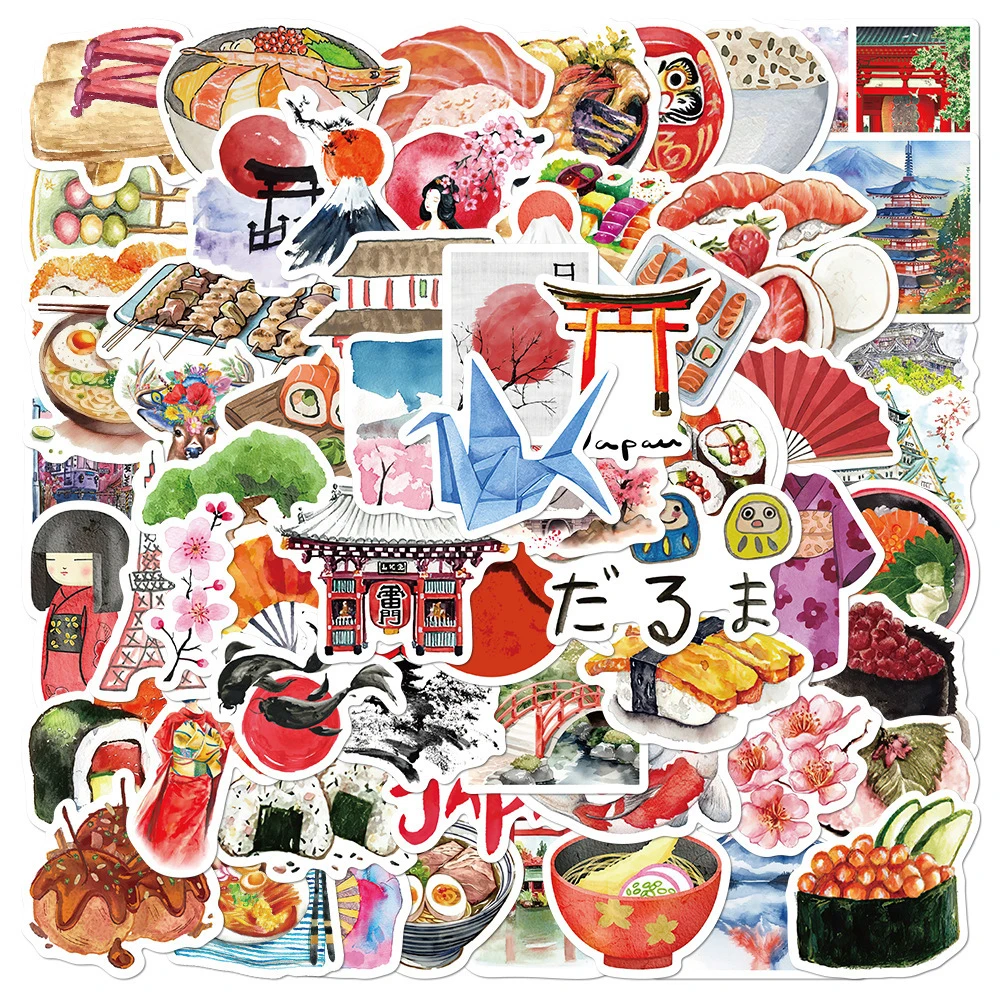 

10/30/64pcs Japanese Culture Food Travel Stickers Watercolor Painting Cartoon Decals Laptop Scrapbook Phone Sticker Decoration